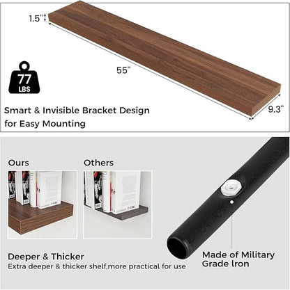 Floating Shelves for Wall, Large Wall Mounted Shelves with Invisible Brackets, Long Wood Floating Shelf for Living Room, Bedroom, Kitchen, (Walnut, 55" W x 9" D x 1.5" H)