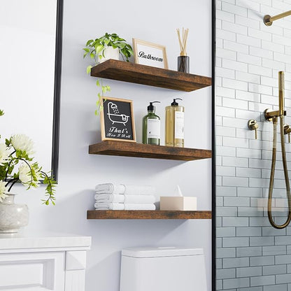 BAYKA Bathroom Floating Shelves for Wall – Bathroom Shelf Over Toilet Farmhouse Rustic Wood for Bedroom, Kitchen, or Living Room Decor – Rustic Brown, Set of 3, Sturdy Storage with 22lb Capacity