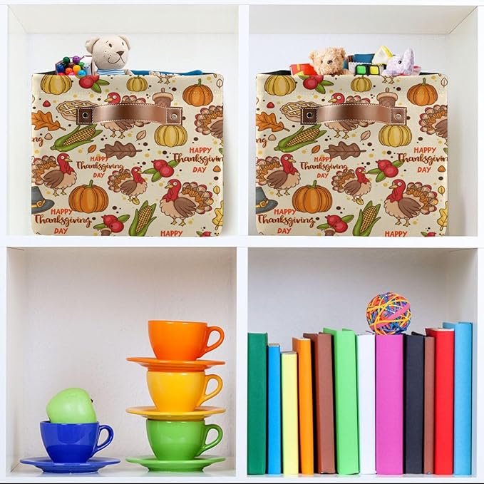 Storage Basket Thanksgiving Day Pumpkins Cube Storage Bins Organizer Bag Collapsible Closet Shelf Baskets with handle for Baby Cloth Pet Toy Book 14.2×10.2×8.3 IN