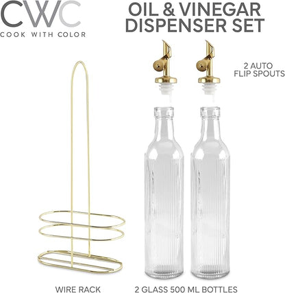 COOK WITH COLOR Glass Olive Oil Dispenser Bottle - 2 Pack, 17 oz Cruet - Elegant Carafe Decanter with Spout for Kitchen, Suitable for Vinegar, Coffee Syrups & Other Liquids