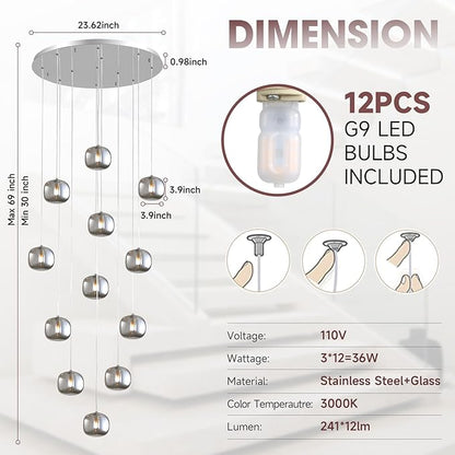 Flush Mount Chandelier,Crystal Pendant Light with 12 G9 LED Bulbs,Chandelier Hanging Flush Mount Lighting Fixtures for Spiral Staircase,Foyer,Entryway,Living Room(12 Lights,3000K)