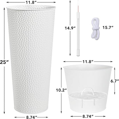 KOL 25" H. Metal Hand-Hammered Planters with Inner Pots 2-Pack, White Decor Planter for Deck, Patio, Porch - Galvanized Steel Handcrafted Flower Pot - w/Water Level Indicator - Indoor Outdoor Use