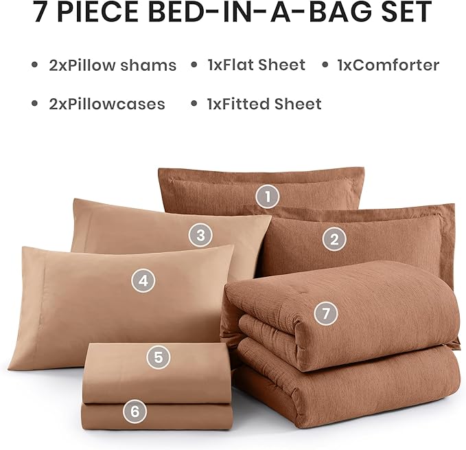 Monbix Queen Comforter Set - 7 Pieces Cationic Dyeing Autumn Leaf Bed in a Bag Queen Bedding Sets with Comforter, Sheets, Pillowcases & Shams, Reversible Bedding Comforters Sets