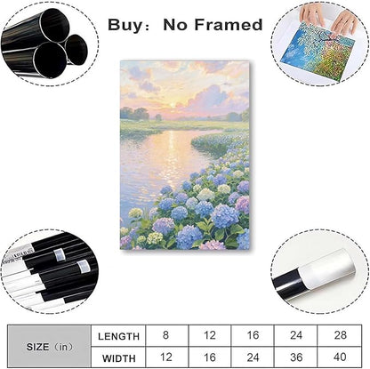 The hydrangea scenery all over the lake at sunset is suitable for posting in the living room bedroom office landscape poster wall painting