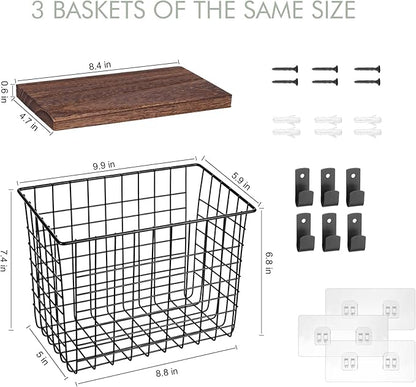 Wall Hanging Baskets 3 Pack, Large Diversified Wire Basket Shelves of Wooden Style, with Wall Mounted Metal Hooks & Traceless Stickers, for Kitchen Coffee Bar Office Room Garage Storage Organization