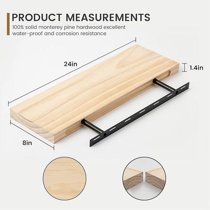 Fun Memories Farmhouse Floating Shelves - 8 Inch Deep Rustic Wood Wall Shelf - Premium Solid Pine Wood Storage Shelf for Kitchen Living Room Bedroom - 24" W x 8" D - Set of 2 - No Stain - Unfinished