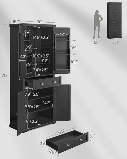 VASAGLE Pantry Cabinet, 71.7-Inch High Freestanding Tall Cupboard Storage Cabinet with a Drawer, 2 Cabinets, 4 Adjustable Shelves, 6 Door Shelves, for Living Room, Kitchen, Ink Black UBBC561B12