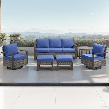 Outdoor Wicker Patio Furniture Set - 6 Piece Patio Conversation Set with 2 Wicker Swivel Rocker Chairs,2 Rattan Ottoman,1 Side Table and 1 Couch,Thick Cushions,Deep Seating(Mixed Grey/Blue)