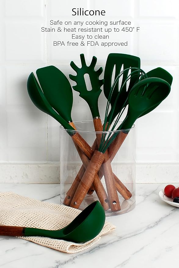 Country Kitchen Non Stick Silicone Utensil Set with Rounded Wood Handles for Cooking and Baking, 8 Piece Set, Green
