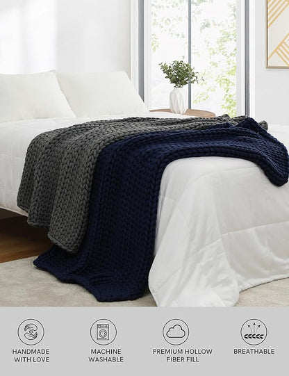 YnM Chunky Throw Blanket, Medium-Weight, Hand Knitted, Skin Friendly, Ventilated and Breathable, Machine Washable, Home Décor Piece for Couch, Sofa and Bed (Indigo Blue, 60x80 Inch)