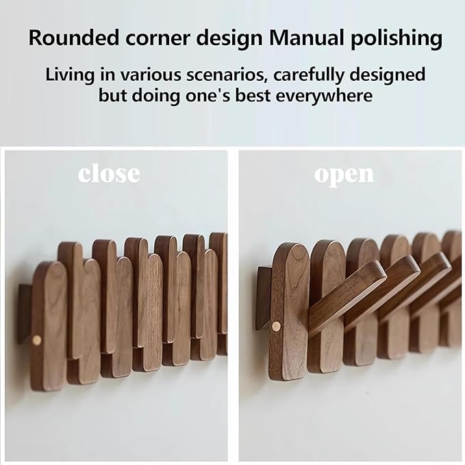 Wall Mounted Piano Key Hanger | Flip Style Hook | Entrance Wall Art Hook, Made of Oak Wood (3 Times Painted, 4 Times Polished) (Arc Walnut, 4Hooks)