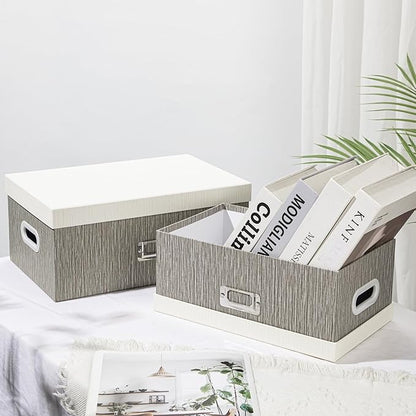 Briful Set of 2 Decorative Storage Boxes with Lids – Gray & White Nesting Organizer Bins, 14'' + 13'' Set Rectangular Fabric Covered Cardboard Boxes for Office, Closet, or Home Decor