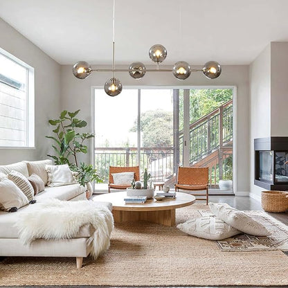 KCO Modern 6-Light Ceiling Pendant Lighting Mid-Century Glass Globes Sputnik Pendant Lamp Hanging Adjustable Chandelier for Kitchen Island Living Dining Room (Silver+Smoke Grey)