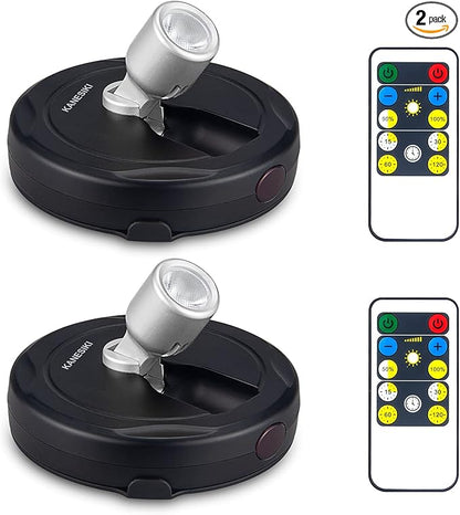 Wireless Spotlight Battery Operated, LED Picture Lights, Stick on Uplighting for Indoor Plant Tree Painting Artwork Portrait Photo Art, Dimmable Accent Puck Light with Remote, 2 Pack