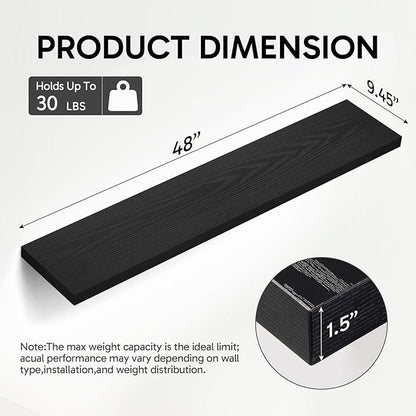 BAYKA Floating Shelves, 48 inches Long Heavy Duty Wall Mounted Rustic Wood Shelves for Bathroom, Bedroom, Living Room, Kitchen, Office, Hanging Shelf for Books/Storage/Decor(Black,Set of 2)