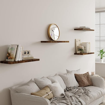Wall Shelf Set of 2, Rustic Brown Floating Shelves 24 in W x 10 in D x 1 in H, Wooden Floating Wall Shelf with Invisible Brackets for Living Room/Bedroom/Bathroom/Kitchen Storage and Decor