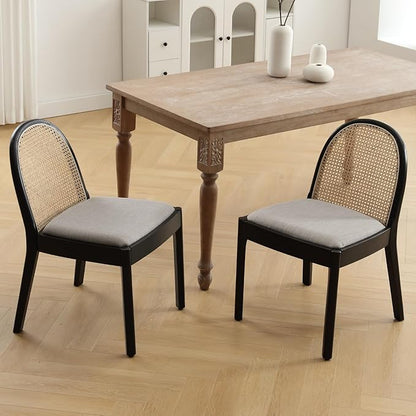 Mid Century Dining Chairs Set of 4, Accent Rattan Side Chairs Linen Fabric Kitchen Chair with Solid Wooden Legs for Living Room Dining Room, Grey