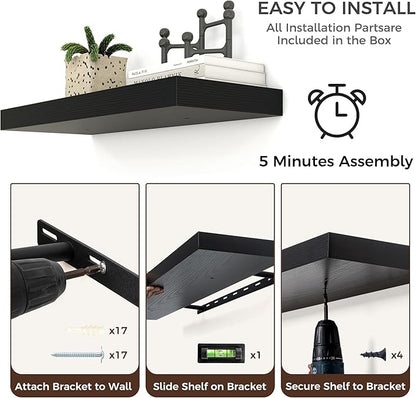 Floating Shelves for Wall, Large Wall Mounted Shelves with Invisible Brackets, Long Wood Floating Shelf for Living Room, Bedroom, Kitchen, (Black, 72" W x 9" D x 1.5" H)
