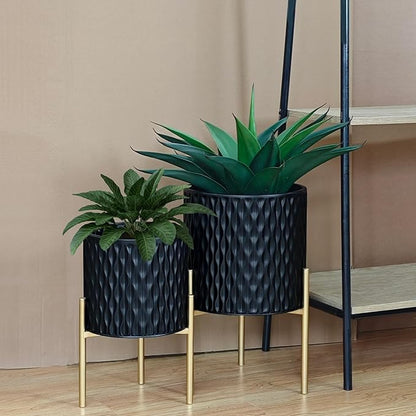 ARNIS Plants Pots with Stand, Set of 2 Planters, Unique Mid Century Decorative Metal Flower Pots with Drainage, 8.25 & 10.5 Inch, Black