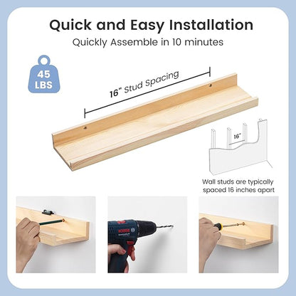 Picture Ledge Shelf for Wall, 24 inch Solid Pine Wood Nursery Book Shelves 2 Packs, Floating Ledge Shelves for Kids' Room Bedroom Bathroom Living Room Photo Frames Office Nursey Wall Decor, Natural