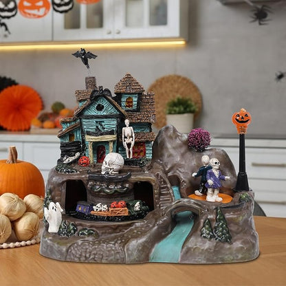 DREAM GARDEN Halloween Village Collection, Lighted Spooky Haunted House with Animated Train and Scary Sound Halloween Collectible Bulidings with Skull, Pumpkin, Ghost for Holiday Party Tabletop Decor