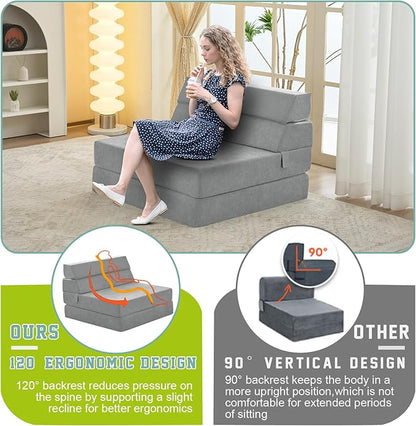 jela Foldable Sofa Bed Soft Foam Convertible Sleeper Chair Luxury Miss Fabric Fold Out Chair Bed Floor Couch with Back Support Floor Sofa for Living Room Bedroom (83"x33",Light Grey)
