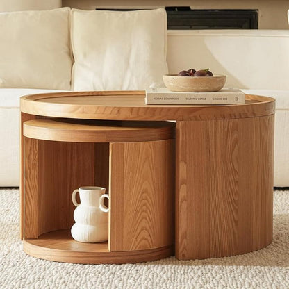Round Nesting Coffee Table Set of 2,31.5" Large & 18" Small Low Tables with Wood Look Top,Space-Saving Side Tables for Living Room,Bedroom,Office,Minimalist Center Table Set (Brown, L+S)