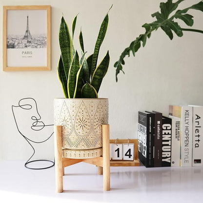 8 Inch Plant Pot with Stand, Ceramic Planter with Drainage Holes, Saucers and Mesh Pads for Indoor-Outdoor Plants