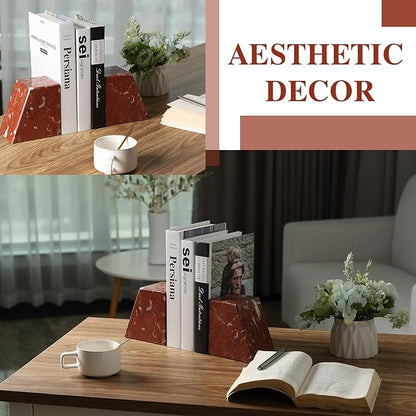Marble Book Ends Decorative, Unique Bookends for Shelves，Bookends to Hold Heavy Books Durable Book Holder Stopper for Home Office Desk Bookshelf Decoration, Set of 2, Rosso Francia