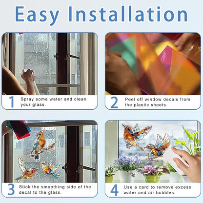12pcs Window Decals for Bird Strikes, Anti Collision Window Clings, Rainbow Reflection Window Sticker, Hummingbird Style Sun Catcher Stickers for Glass Windows
