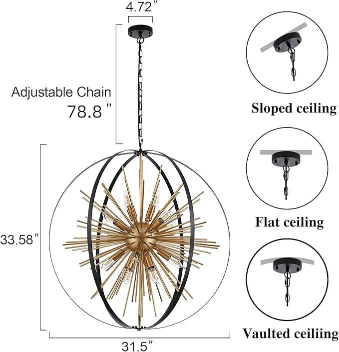 31.5" Black Gold 16-Light Globe Sputnik Chandelier Modern Industrial Adjustable Hanging Ceiling Firework Pendant Light Fixture for Entryway Foyer Stairway Bedroom Dining Living Room Hallway