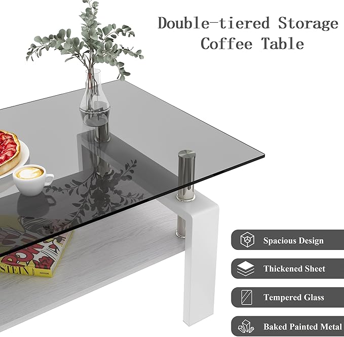 Glass Coffee Table Rectangle Living Room Center Table, with Gray Tempered Glass Tabletop and White MDF Layer,for Living Room and Office, Gray+White
