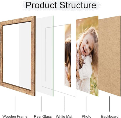 10x14 Picture Frame Set of 4, 10 x 14 Wood Photo Frames with Mat for 8x12 or 30x40cm Diamond Painting Art, Wooden Frame with Real Glass Cover for Wall and Tabletop Display,Brown