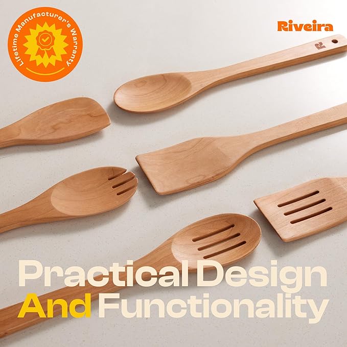 Riveira Cherry Wooden Spoons for Cooking Set of 6 – Natural Cherry Wooden Cooking Utensils, Wooden Spatula, Wooden Spoon - Premium Quality Wooden Utensil Set for Non-Toxic Cooking