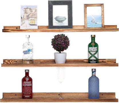 AZSKY Picture Ledge Shelf Wall Ledge Floating Shelves for Photo Frames Kids Book Shelves Wall Mounted Burnt Wall Display Shelf Wooden Frame Ledge 48 Inches Set of 3 Bathroom Organizer Shelves