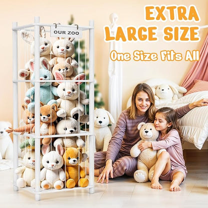 Stuffed Animal Storage & Organizer, Wooden Cute Zoo Toy Holder for Toddler Rooms, Playrooms & Bedrooms（White）