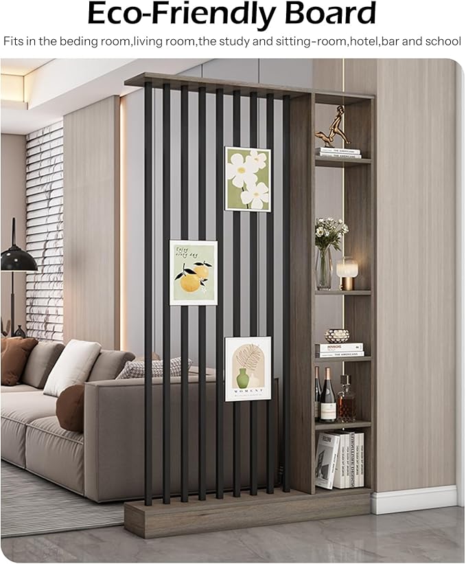 Wall Room Divider, Storage Cabinet Storage Display with Shelves, Modern Freestanding Wood Room Divider Screen, Wall Privacy Screens for Home Decorative (Grey Oak+Black,39.5" L x 9.5" W x 79.5" H)
