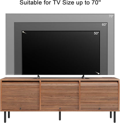 59 Inch TV Stand with Power Outlet for TVs up to 65 Inch, Entertainment Center with Storage, Mid-Century Modern TV Console, Adjustable Shelf & Sliding Doors, TV Stand for Living Room, Bedroom, Walnut