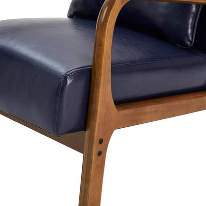 Glitzhome 2 Set Mid Century Navy Blue Accent Armchair, Single Reading Armchair PU Leather Lounge Chair with Walnut Ruberwood Frame