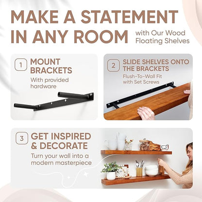 Homeforia Oak Floating Shelves 36 inches Long, High End Solid Real Wood 36 inch Floating Shelf for Room Wall, Honey Oak Wooden 36inch Kitchen Shelves, Heavy Duty Bracket, 36 X 6.5 X 1.75 in, Set of 2
