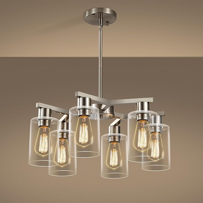 6-Light Modern Farmhouse Brushed Nickel Chandelier, Dining Room Light Fixture Over Table Adjustable Height Hanging Industrial Pendant Lights Kitchen Island, Clear Glass Shade