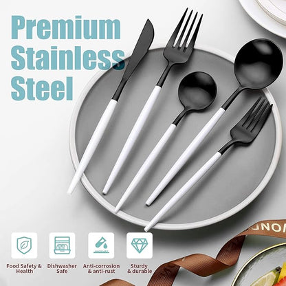 Matte Black White Silverware Set for 4,Modern Stainless Steel Brushed Cutlery Set,20-Pieces Heavy Duty Flatware Set,Knives Spoons and Forks Set Utensils Set, Satin Finish, Dishwasher Safe