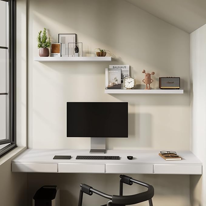 BAMEOS Floating Shelves, 35 in W x 7in D White Wall Mounted Wooden Shelves with Invisible Brackets Set of 2, Hanging Wall Shelves Decoration for Bedroom and Kitchen