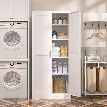 Kitchen Pantry Cabinet,71”White Metal Pantry Storage Cabinet with Doors and 4 Adjustable Shelves,Kitchen Cabinet with 2 Gold Handles,Tall Cabinet for Livingroom,Pantry, Bathroom,Kitchen
