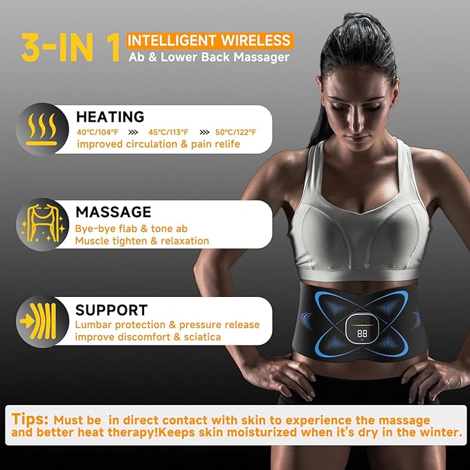 Ab Stimulator Muscle Toner, Abs Stimulator Abdominal Massage Belt with Heat for Belly Fat Burning & Cellulite Melting & Stomach Smooth Firming, Lower Back Massager for Women Men Pain Relief Gifts