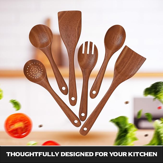 6-Piece Acacia Wood Cooking Utensil Set – Wooden Kitchen Pan Toolset for Nonstick Cookware – Includes Spoons & Spatulas – Non-Scratch, Eco-Friendly Cooking Tools – Everyday Use - Lifetime Replacements