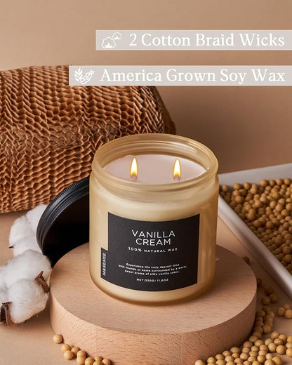 M&SENSE Vanilla Soy Candles, Medium 2 Wick 11.6oz 70 Hours Burning Time, All Natural Organic Soy Wax, Relaxing Aromatherapy Scented Candle, Housewarming Gift for Women and Men