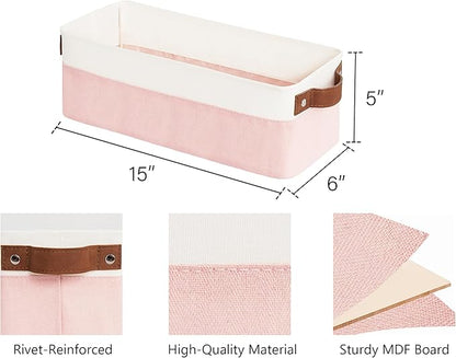 StorageWorks Narrow Storage Bins, Small Basket for Closet and Shelves, Fabric Organizer with Handles, Toilet Paper Storage, Pink and White, 2-Pack