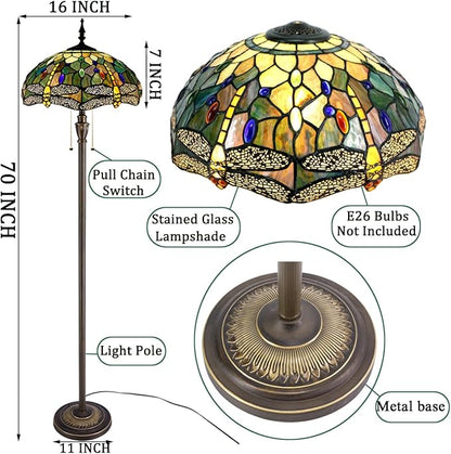 Tiffany Floor Lamp Stained Glass Lamp Standing Reading Light 16x16x70 Inch for Living Room (Amber Yellow Dragonfly)