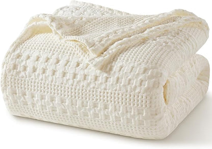 PHF 100% Cotton Waffle Weave Blanket King Size, Soft Lightweight Breathable Cozy Summer Blankets for Bed, Luxury Aesthetic Woven Bedding for Home Decor, 108"x90", Ivory